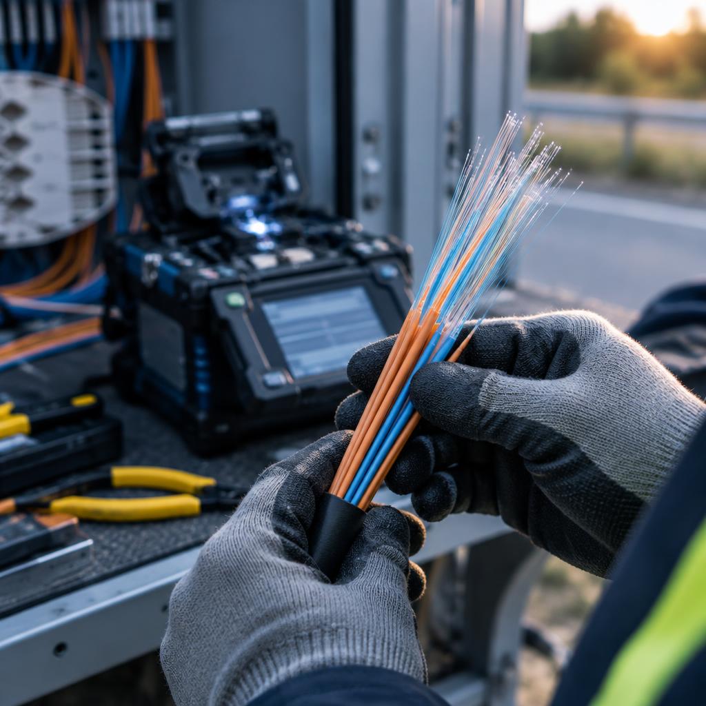 Technician holding a bundle of fibre-optic cables during an installation