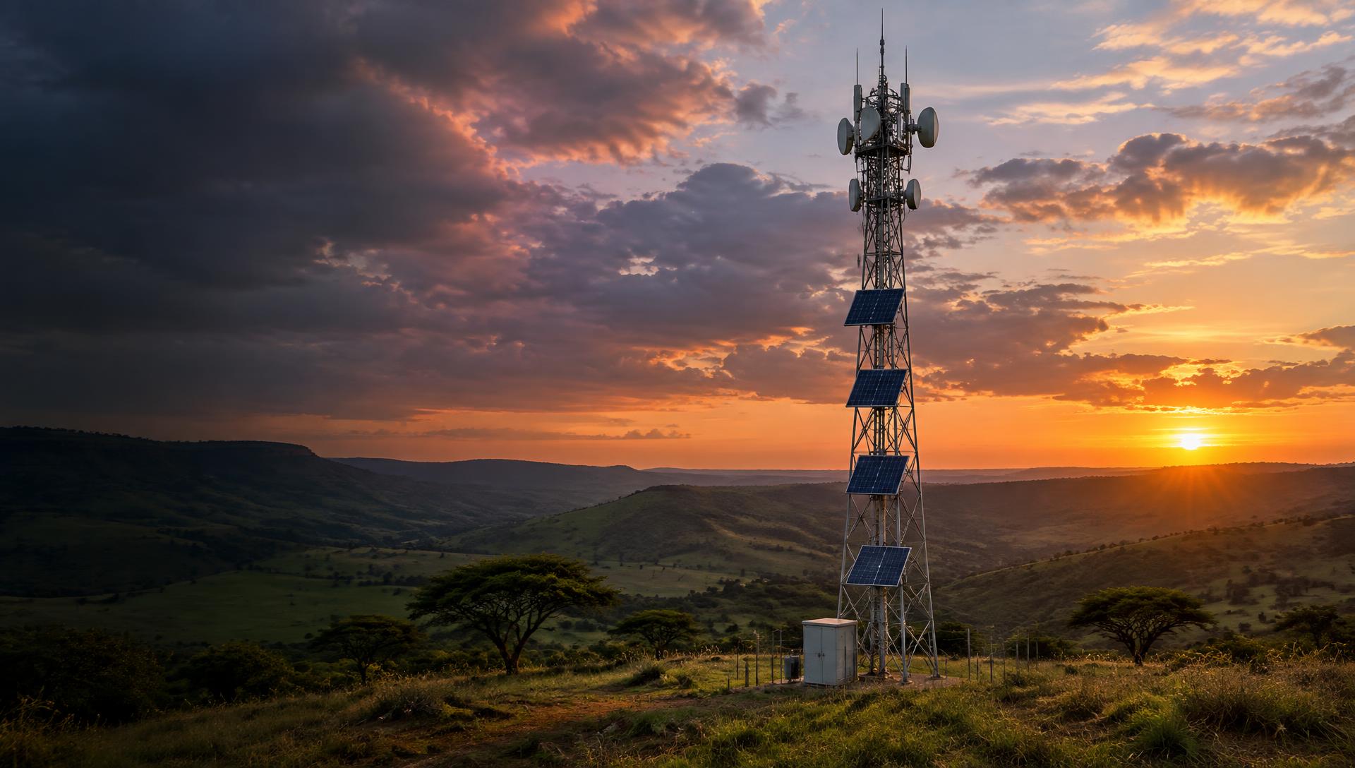 Solar-powered telecommunications tower on a hillside at sunset