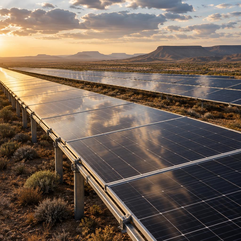 Rows of solar photovoltaic panels on a ground-mounted array at golden hour