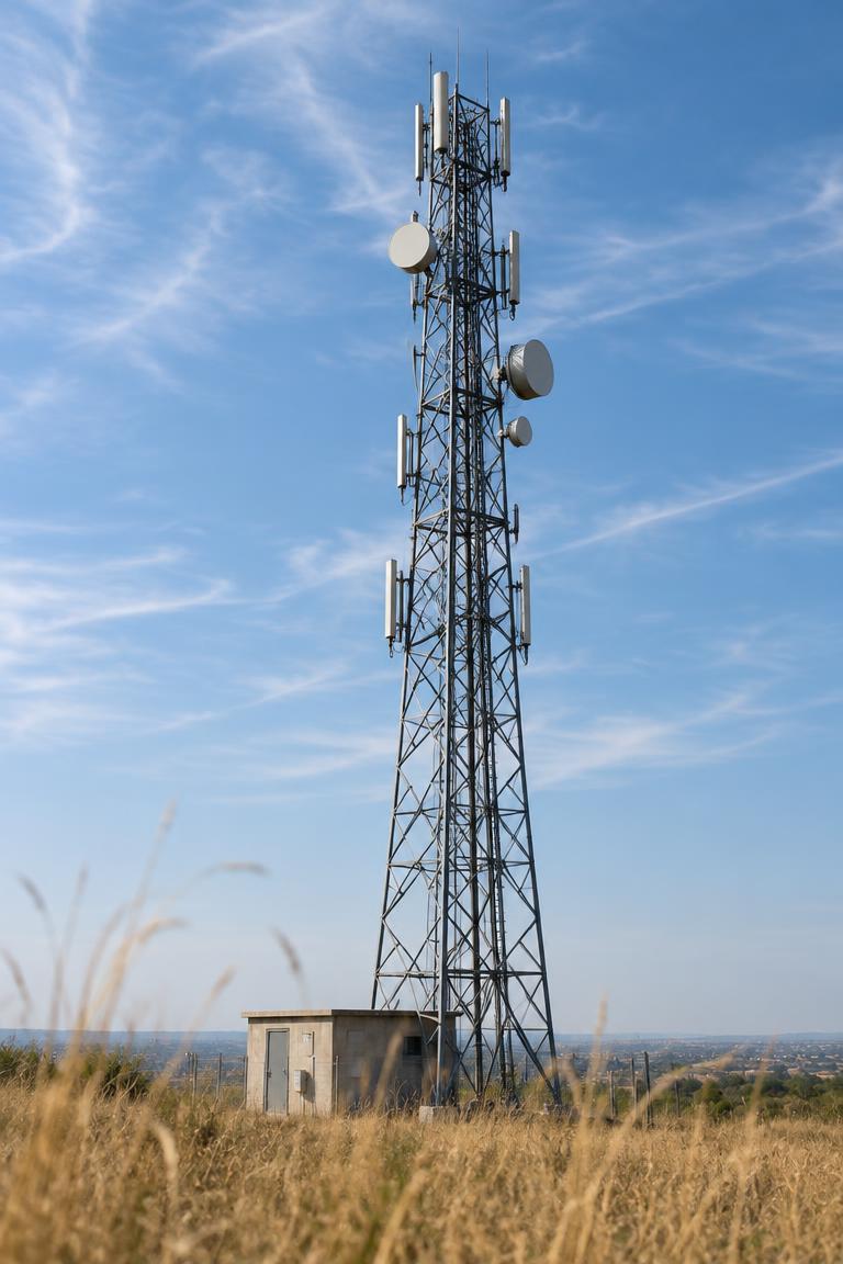 Steel lattice telecommunications mast in open South African veld